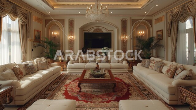 Sophisticated interior decor for villas and residential apartments in the Kingdom of Saudi Arabia, interest in ornamental home plants, windows and glass facades overlooking nature, interior designs for living rooms in a modern style, a living room with luxury home furniture