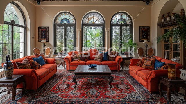 ديكور داخلي راقي للفلل والشقق السكنية في المملكة العربية السعودية، الاهتمام بنبات الزينة المنزلي، النوافذ والواجهات الزجاجية المطلة على الطبيعة، التصاميم الداخلية لغرف الجلوس على الطراز الحديث، غرفة معيشة مع أثاث منزلي فاخر