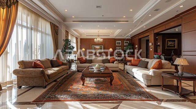 ديكور داخلي راقي للفلل والشقق السكنية في المملكة العربية السعودية، الاهتمام بنبات الزينة المنزلي، النوافذ والواجهات الزجاجية المطلة على الطبيعة، التصاميم الداخلية لغرف الجلوس على الطراز الحديث، غرفة معيشة مع أثاث منزلي فاخر