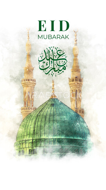 قالب اسلامي للتهنئة بقدوم العيد، مخطوطة عيد مبارك باللغتين العربية والانجليزية, خلفية قبة المسجد والمآذن الشامخة, الاحتفال بالاعياد والمناسبات الدينية