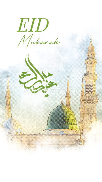  تصاميم وقوالب اسلامية للتهنئة بقدوم العيد، مخطوطة عيد مبارك باللغتين العربية والانجليزية, خلفية قبة المسجد والمآذن الشامخة, الاحتفال بالاعياد والمناسبات الدينية