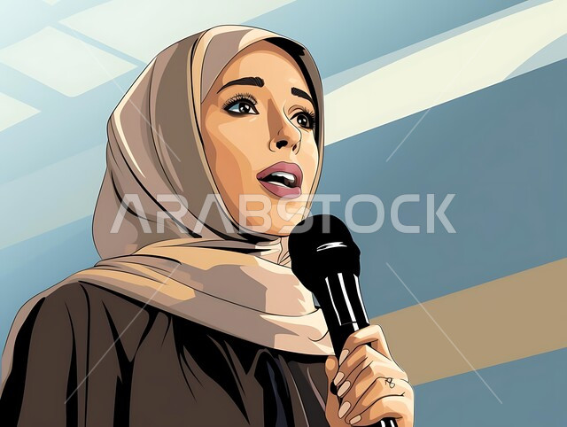 الندوات التثقيفية حول بيئة وسوق العمل, مهن ووظائف إدارية سعودية، امرأة عربية خليجية سعودية محجبة تمسك الميكرفون بيدها وتقوم بإلقاء محاضرة, مؤتمرات عملية تدريبة, مشاركة النساء في التأثير المجتمعي في السعودية