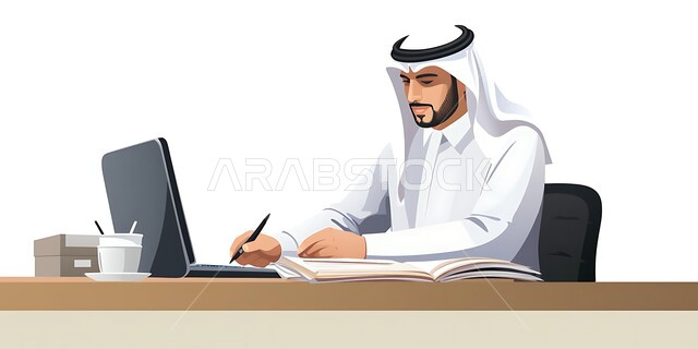 Integrating work with technology and technology, office administrative professions and jobs, managing and organizing business affairs through technical devices, a Saudi Gulf Arab man wearing a traditional thobe and ghutra using a laptop computer within the company’s headquarters.