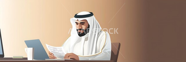 Integrating work with technology and technology, office administrative professions and jobs, managing and organizing business affairs through technical devices, a Saudi Gulf Arab man wearing a traditional thobe and ghutra using a laptop computer within the company’s headquarters.