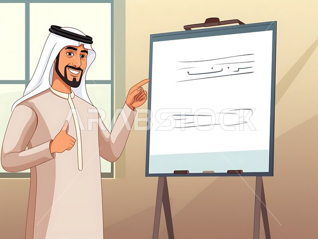 مدرب محترف يقوم بإلقاء محاضرة عن بيئة العمل، ورشات عمل تدريبية مهنية، وظائف إدارية سعودية، رجل عربي خليجي سعودي يرتدي الثوب التقليدي والغترة بقف بجانب لوح ويشير إليه, العمل في شركات المملكة