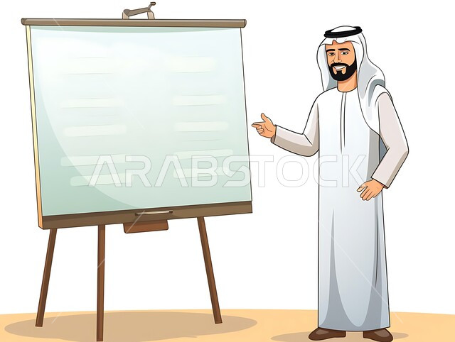 ورشات عمل تدريبية مهنية، وظائف إدارية سعودية، رجل عربي خليجي سعودي يرتدي الثوب التقليدي والغترة بقف بجانب لوح ويشير إليه, العمل في شركات المملكة،  مدرب محترف يقوم بإلقاء محاضرة عن بيئة العمل