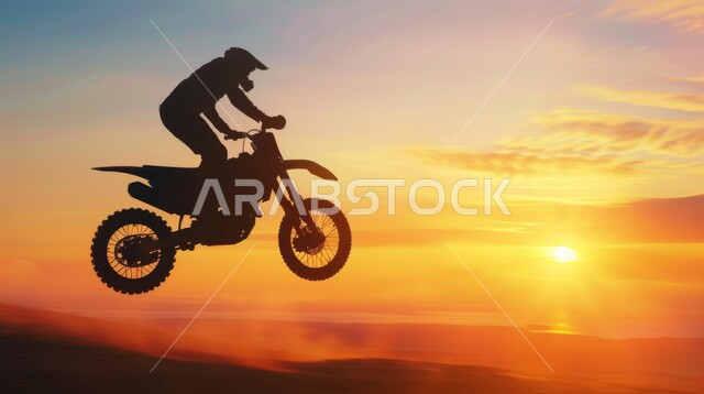 Expeditions in the desert, exercises to burn fat and lose weight, physical activity to maintain health and physical fitness, the silhouette of an Arab adventurer riding an electric bike in the mountain highlands, the background of the sky at sunset