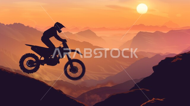 الرحلات الاستكشافية والمغامرات, تمارين لحرق الدهون و إنقاص الوزن, نشاط بدني للمحافظه على الصحه واللياقه الجسدية, صورة ظلية لمغامر عربي يقود الدراجة الكهربائية في الصحاري والمرتفعات الجبلية, خلفية السماء في وقت الغروب