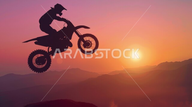 المغامرات والرحلات الاستكشافية, تمارين لحرق الدهون و إنقاص الوزن, نشاط بدني للمحافظه على الصحه واللياقه الجسدية, صورة ظلية لمغامر عربي يقود الدراجة الكهربائية في الصحاري والمرتفعات الجبلية, خلفية السماء في وقت الغروب