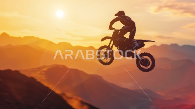 نشاط بدني للمحافظه على الصحه واللياقه الجسدية,  ممارسة هواية ركوب الدراجة, تمارين لحرق الدهون و إنقاص الوزن,صورة ظلية لمغامر عربي يقود الدراجة الكهربائية في الصحاري والمرتفعات الجبلية, خلفية السماء في وقت الغروب