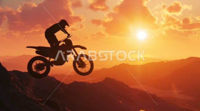 تمارين لحرق الدهون و إنقاص الوزن, ممارسة هواية ركوب الدراجة, نشاط بدني للمحافظه على الصحه واللياقه الجسدية, صورة ظلية لمغامر عربي يقود الدراجة الكهربائية في الصحاري والمرتفعات الجبلية, خلفية السماء في وقت الغروب