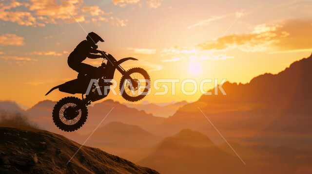 ممارسة هواية ركوب الدراجة,  تمارين لحرق الدهون و إنقاص الوزن, نشاط بدني للمحافظه على الصحه واللياقه الجسدية, صورة ظلية لمغامر عربي يقود الدراجة الكهربائية في الصحاري والمرتفعات الجبلية, خلفية السماء في وقت الغروب