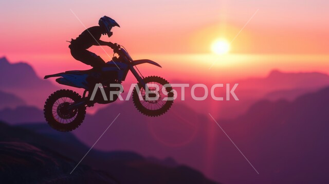 منظرالسماء في وقت الغروب، هواية قيادة الدراجة في المرتفعات، فعاليات ترفيهية ممتعة, ممارسة النشاطات الرياضية, تمارين لحرق الدهون و إنقاص الوزن, صورة ظلية لمغامر عربي يقفز بالدراجة الكهربائية في الهواء بالصحاري