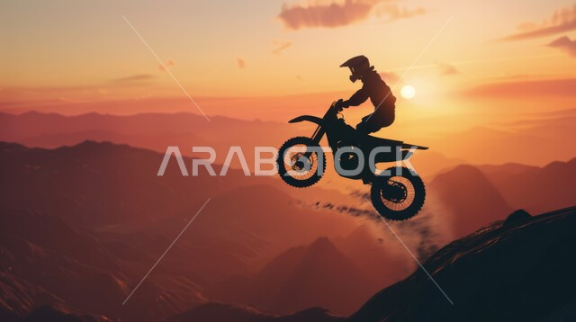  فعاليات ترفيهية ممتعة, ممارسة النشاطات الرياضية, تمارين لحرق الدهون و إنقاص الوزن, صورة ظلية لمغامر عربي يقود الدراجة الكهربائية في الصحاري والمرتفعات الجبلية, خلفية السماء في وقت الغروب