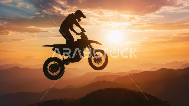 ممارسة النشاطات الرياضية, فعاليات ترفيهية ممتعة,  تمارين لحرق الدهون و إنقاص الوزن, صورة ظلية لمغامر عربي يقود الدراجة الكهربائية في الصحاري والمرتفعات الجبلية, خلفية السماء في وقت الغروب