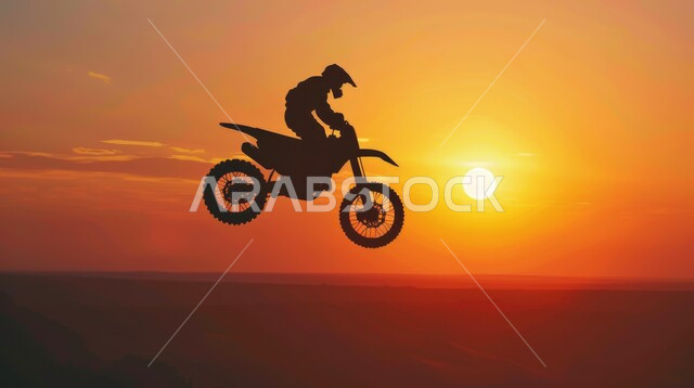 ممارسة هواية القفزعن الدراجة, نشاطات ترفيهية ممتعة,  تمارين لحرق الدهون و إنقاص الوزن, صورة ظلية لمغامر عربي يقود الدراجة الكهربائية في الصحاري والمرتفعات الجبلية, خلفية السماء في وقت الغروب
