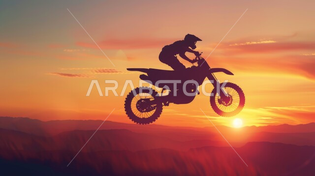  الأنشطة الترفيهية الممتعة, ممارسة هواية ركوب الدراجة, تمارين لحرق الدهون و إنقاص الوزن, نشاط بدني للمحافظه على الصحه واللياقه الجسدية, صورة ظلية لمغامر عربي يقود الدراجة الكهربائية في الصحاري والمرتفعات الجبلية, خلفية السماء في وقت الغروب