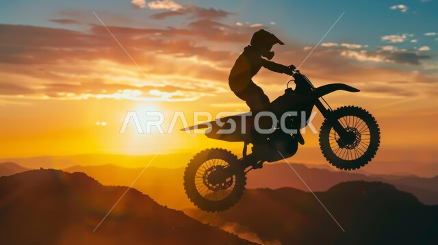 Adventures in the desert, exercises to burn fat and lose weight, physical activity to maintain health and physical fitness, the silhouette of an Arab young man riding an electric bike in the mountain highlands, the background of the sky at sunset