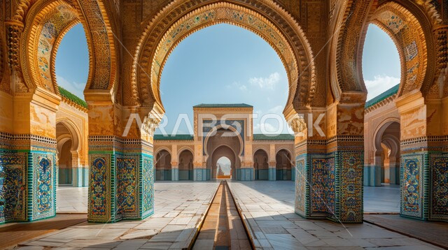 مفهوم العبادة والتقرب إلى الله تعالى ,الفن الهندسي المعماري لمسجد عربي عريق، النقوش والزخارف للاعمدة والاقواس على الطراز الاسلامي، التصاميم والديكورات الداخلية الأنيقة للمساجد