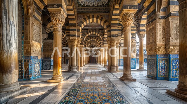 The architectural engineering art of an ancient Arab mosque, the concept of worship and drawing closer to God Almighty, the engravings and decorations of the columns and arches in the Islamic style, the elegant interior designs and decorations of the mosques