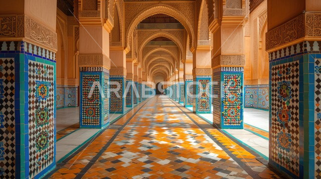 النقوش والزخارف للاعمدة والاقواس على الطراز الاسلامي، الفن الهندسي المعماري لمسجد عربي عريق، مفهوم العبادة والتقرب إلى الله تعالى، التصاميم والديكورات الداخلية الأنيقة للمساجد
