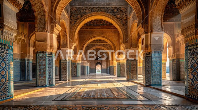 النقوش والزخارف للاعمدة والاقواس على الطراز الاسلامي، الفن الهندسي المعماري لمسجد عربي عريق، مفهوم العبادة والتقرب إلى الله تعالى، التصاميم والديكورات الداخلية الأنيقة للمساجد