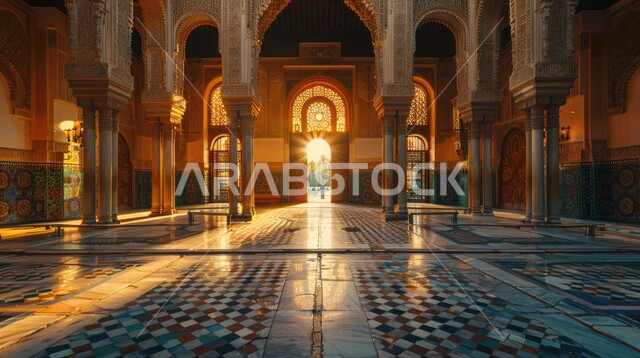 مفهوم العبادة والتقرب إلى الله تعالى ,الفن الهندسي المعماري لمسجد عربي عريق، النقوش والزخارف للاعمدة والاقواس على الطراز الاسلامي، التصاميم والديكورات الداخلية الأنيقة للمساجد