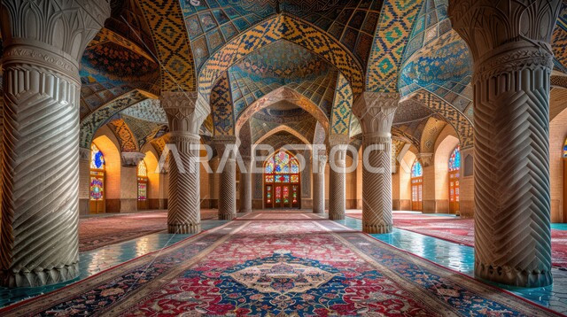 The architectural engineering art of an ancient Arab mosque, the concept of worship and drawing closer to God Almighty, the engravings and decorations of the columns and arches in the Islamic style, the elegant interior designs and decorations of the mosques