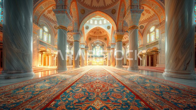النقوش والزخارف للاعمدة والاقواس على الطراز الاسلامي، الفن الهندسي المعماري لمسجد عربي عريق، مفهوم العبادة والتقرب إلى الله تعالى، التصاميم والديكورات الداخلية الأنيقة للمساجد