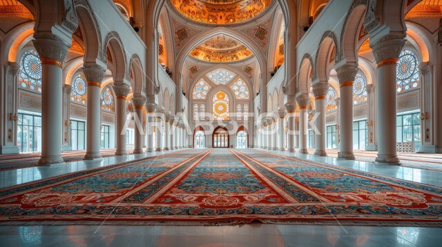 مفهوم العبادة والتقرب إلى الله تعالى, الفن الهندسي المعماري لمسجد عربي عريق، النقوش والزخارف للاعمدة والاقواس على الطراز الاسلامي، التصاميم والديكورات الداخلية الأنيقة للمساجد