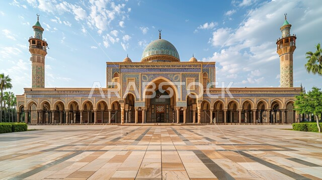 The outer courtyard of an ancient mosque, the concept of worship and drawing closer to God Almighty, the decorations and architectural engineering designs for building mosques in the Kingdom of Saudi Arabia, Islamic holy landmarks and places, minarets and domes in the modern contemporary Islamic style