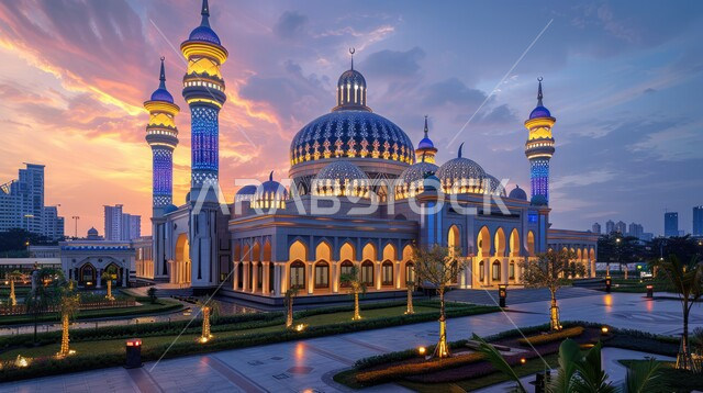 The outer courtyard of an ancient mosque, the concept of worship and drawing closer to God Almighty, the decorations and architectural engineering designs for building mosques in the Kingdom of Saudi Arabia, Islamic holy landmarks and places, minarets and domes in the modern contemporary Islamic style
