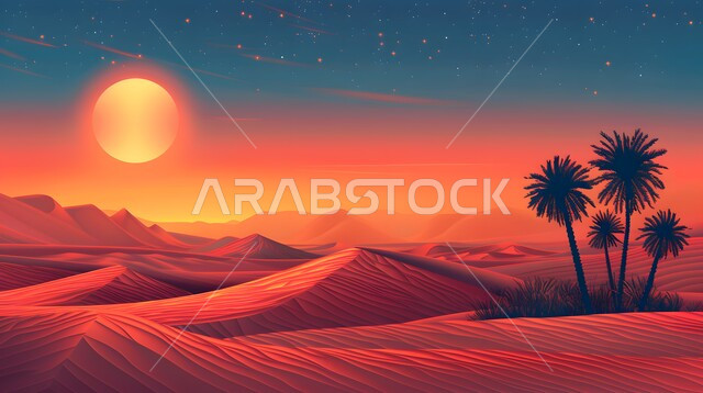 مناطق البادية والبيئة الصحراوية الطبيعية، ظلال الكثبان الرملية غروب الشمس، التكوينات والتشكيلات الرملية في صحراء المملكة العربية السعودية، الهضاب والتلال ذات الرمال الذهبية الناعمة، النباتات الشوكية وأشجار النخيل 