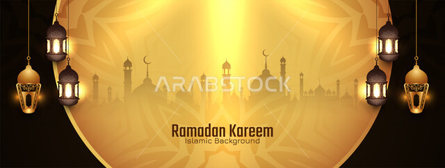 تهنئات ومباركات بالمناسبات والأعياد الدينية الاسلامية, بطاقة مباركة مزخرفه باللون الذهبي, الفوانيس المعدنية الذهبية المضيئة، أجواء رمضانية روحانية، خلفية قبب ومآذن المساجد 