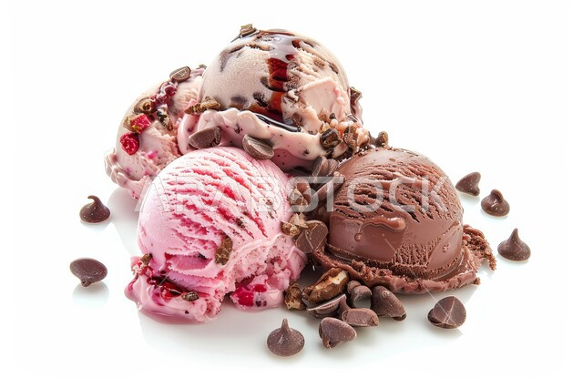 آيس كريم المزين بحبات الشوكولا، كرات البوظة بنكهات الشوكلاتة و الفواكه الطازجة، حلويات صيفية باردة، المأكولات المليئة بالسكريات والسعرات الحرارية، مرطبات فصل الصيف، خلفية بيضاء