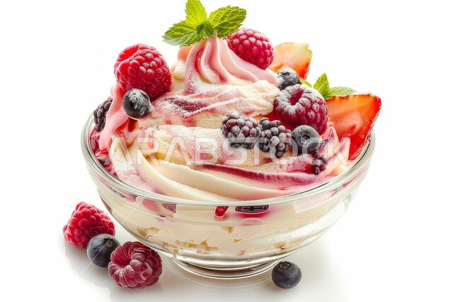 حلويات صيفية باردة، آيس كريم المزين بحبات التوت البري والفراولة، المأكولات المليئة بالسكريات والسعرات الحرارية، مرطبات فصل الصيف، طبق من البوظة بنكهات الفواكه الطازجة، خلفية بيضاء