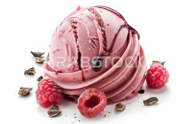 Fresh fruit ice cream ball, ice cream with blueberries and strawberries, cool summer dessert, sugary and calorie-laden foods, summer refreshments, white background