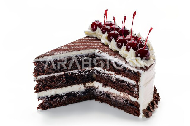 قطعة من كيكة الشوكولاتة الإسفنجية المزينة بالشوكولاته والكريمة والكرز، أطعمه وسكريات ذات سعرات حراريه عاليه، قطع الحلوى اللذيذة، حلويات طازجة مخبوزة في الفرن، حشوة كريمة الكاكاو الشهية, خلفية بيضاء