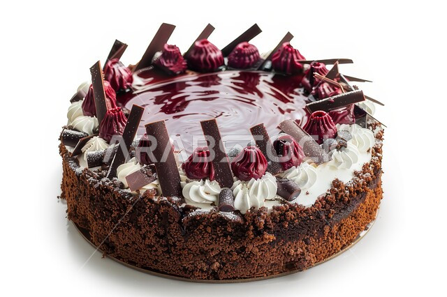 قالب من كيكة الشوكولاتة الإسفنجية المزينة بالشوكولاته والكريمة والكرز، أطعمه وسكريات ذات سعرات حراريه عاليه، قطع الحلوى اللذيذة، حلويات طازجة مخبوزة في الفرن، حشوة كريمة الكاكاو الشهية خلفية بيضاء