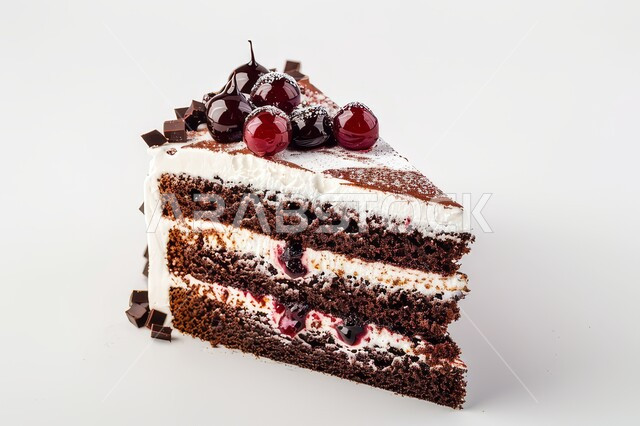 أطعمه وسكريات ذات سعرات حراريه عاليه، قطع الحلوى اللذيذة، حلويات طازجة مخبوزة في الفرن، قطعة من كيكة الشوكولاتة الإسفنجية المزينة بالشوكولاته والكريمة والكرز، حشوة كريمة الكاكاو الشهية, خلفية بيضاء