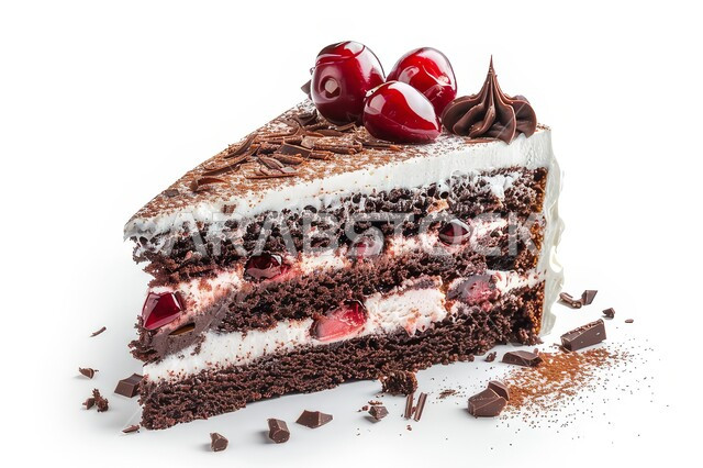 حلويات طازجة مخبوزة في الفرن، قطع الحلوى اللذيذة، سكريات و أطعمه ذات سعرات حراريه عاليه، قطعة من كيكة الشوكولاتة الإسفنجية المزينة بالشوكولاته والكريمة والكرز، حشوة كريمة الكاكاو الشهية, خلفية بيضاء