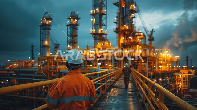 Working in the field of petrochemical industries and projects, steel pipelines and cables, the concept of gas productivity in the Kingdom of Saudi Arabia, following up on the progress of work in factories and plants, a group of Saudi Gulf Arab engineers working in an oil and gas refining plant