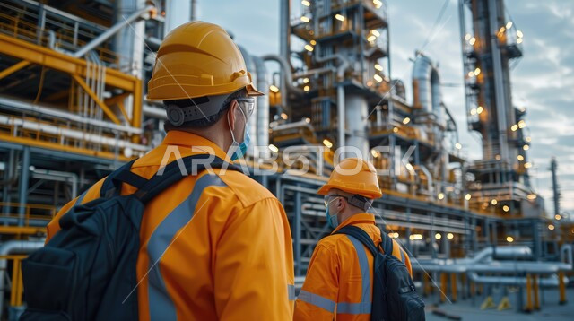 A group of Saudi Arabian Gulf engineers working in an oil and gas refinery, working in the field of petrochemical industries and projects, steel pipelines and cables, the concept of gas productivity in the Kingdom of Saudi Arabia, following up on the progress of work in factories and plants