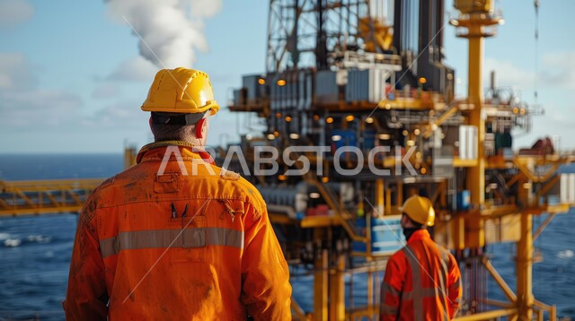 A group of Saudi Arabian Gulf engineers working in an oil and gas refinery, working in the field of petrochemical industries and projects, steel pipelines and cables, the concept of gas productivity in the Kingdom of Saudi Arabia, following up on the progress of work in factories and plants
