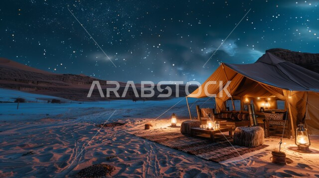 Youth desert session and outing, view of the starry sky, tourist camps in the wilderness, camping in the deserts of Saudi Arabia, soft golden sand and terrain at night, a popular Bedouin tent lit with metal lanterns in the middle of the desert