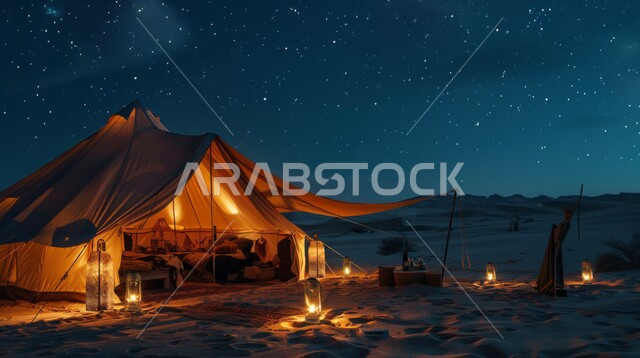 التخييم في صحاري المملكة العربية السعودية, الرمال الذهبية الناعمة والتضاريس في وقت الليل، خيمة بدوية شعبية مضاءة بالفوانيس المعدنية وسط الصحراء، مخيمات سياحية في المناطق البرية، منظر السماء اللامعة بالنجوم، كشتة و جلسة بر شبابية