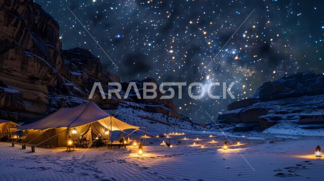 خيمة بدوية شعبية مضاءة بالفوانيس المعدنية وسط الصحراء، التضاريس والرمال الذهبية الناعمة في وقت الليل، التخييم في صحاري المملكة العربية السعودية, مخيمات سياحية في المناطق البرية، منظر السماء اللامعة بالنجوم، كشتة و جلسة بر شبابية