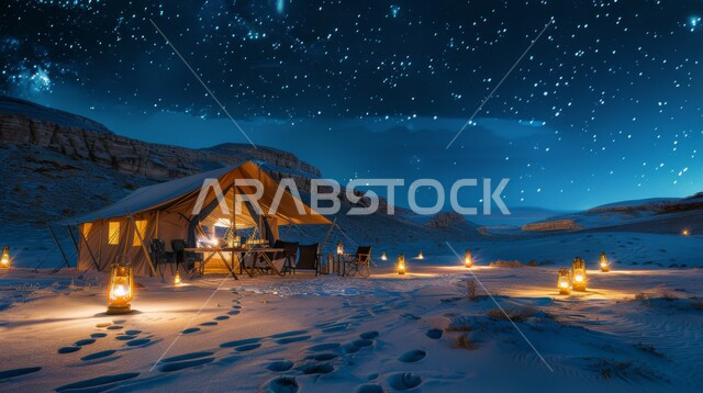 خيمة بدوية شعبية مضاءة بالفوانيس المعدنية وسط الصحراء، الكثبان الرملية الناعمة وقت الليل، التشكيلات والتكوينات الصخرية في صحاري المملكة العربية السعودية، مناطق وأماكن التخييم السياحية الصحراوية، مخيمات سياحية في المناطق البرية