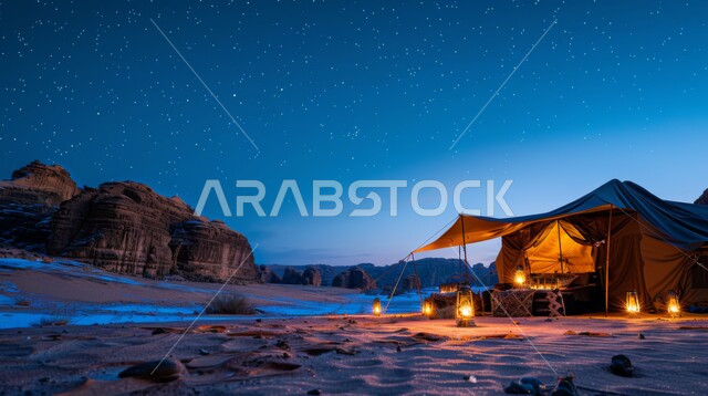 Soft sand dunes at night, rock formations and formations in the deserts of Saudi Arabia, a popular Bedouin tent lit with metal lanterns in the middle of the desert, desert tourist camping areas and places, tourist camps in the wilderness areas