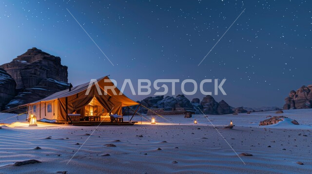 التشكيلات والتكوينات الصخرية في صحاري المملكة العربية السعودية، الكثبان الرملية الناعمة وقت الليل، خيمة بدوية شعبية مضاءة بالفوانيس المعدنية وسط الصحراء، مناطق وأماكن التخييم السياحية الصحراوية، مخيمات سياحية في المناطق البرية